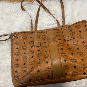 MCM Tan Leather Tote with Logo Pattern